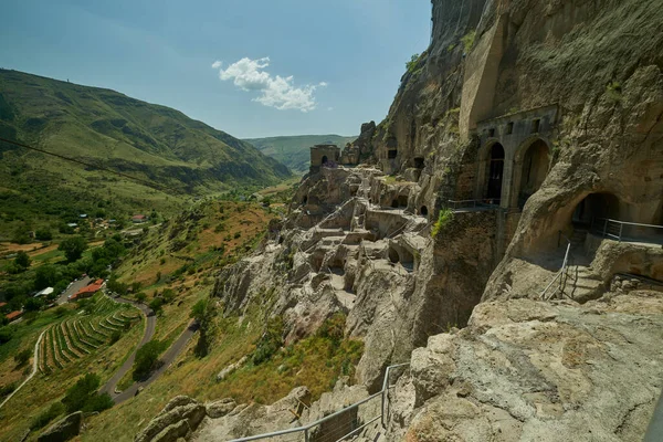 Vardzia cave monastery site in southern Georgia excavated from the slopes of the Erusheti Mountain on the left bank of the Kura River daylight view