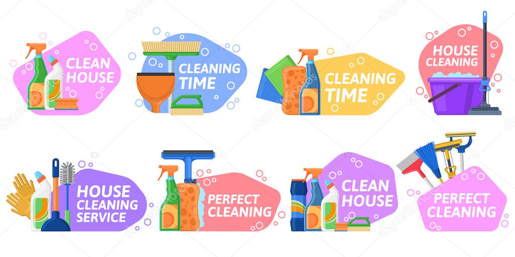 House cleaning services, household equipment emblems. Housekeeping supplies, detergents and cleaning equipment vector Illustration. Cleaning tools labels. Household emblem with equipment for clean