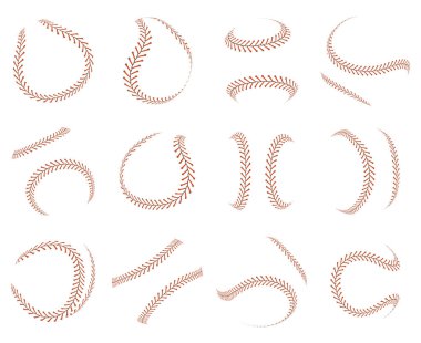 Beyzbol, softball dikişleri, spor toplarının kırmızı bağcıkları. Spor topu kırmızı dekoratif iplik izole vektör illüstrasyon seti. Softball dikiş elementleri bağlar