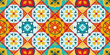 Talavera, azulejo mozaik porselen seramik dikişsiz desen. Dekoratif etnik süs fayansları, vektör arkaplan çizimi. Akdeniz mozaik fayansları