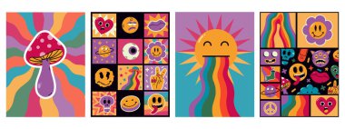 Çizgi film soyut komik sürreal yamalar posterler. Moda çizgi roman öğeleri, sevimli karalama emoji karakterleri vektör arkaplan çizimi. Soyut çizgi film kartları şekillendirir