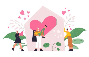 Romantik insanlar, kocaman bir kalbe aşık çiftler, sevgililer günü konsepti. Kırmızı kalpli ve aşk mektubu çizimi yapan mutlu romantik karakterler. Sevgililer Günü konsepti