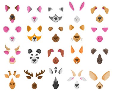 Çizgi film özçekimi ya da görüntülü sohbet hayvan maskeleri. Şirin hayvanlar görüntülü konuşma efektleri, köpek, tilki, panda burun ve kulak vektör çizimi seti. Selfie uygulaması için hayvan avatarları
