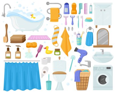 Çizgi film banyo unsurları, küvet, lavabo, duş, havlu ve sabun. Banyo, hijyen ürünleri, tuvalet, çamaşır makinesi, havlu vektör illüstrasyon seti. Banyo elementleri