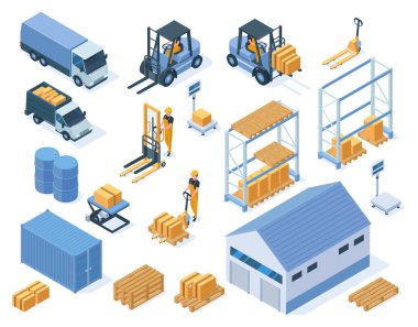 Isometric depo teslimat lojistik servis elemanları. Depo binası, forkliftler ve depo işçileri vektör çizimi seti. Endüstriyel depolama