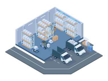 Isometric depolama binası, modern deponun içi. Depo forklift kamyonları, palet tramvayı, raflar ve teslimat kamyonu çizimleri. Deponun içindeki binalar.
