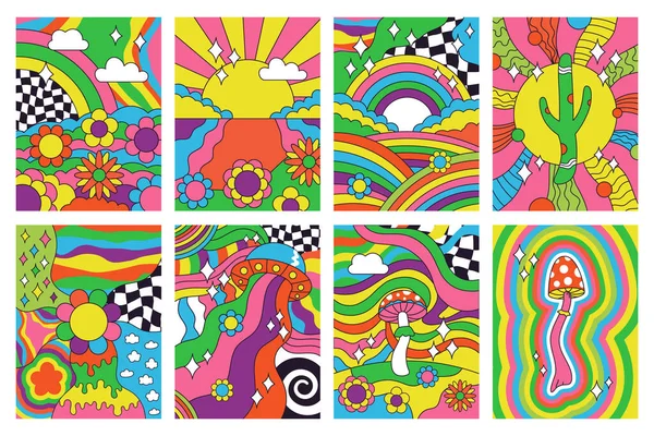 Groovy vibrazioni retrò, stile hippie anni '70 poster d'arte psichedelica. Astratto hippie psichedelico paesaggio arcobaleno anni 60 poster vettore illustrazione set. Copertine retrò stile hippie — Vettoriale Stock