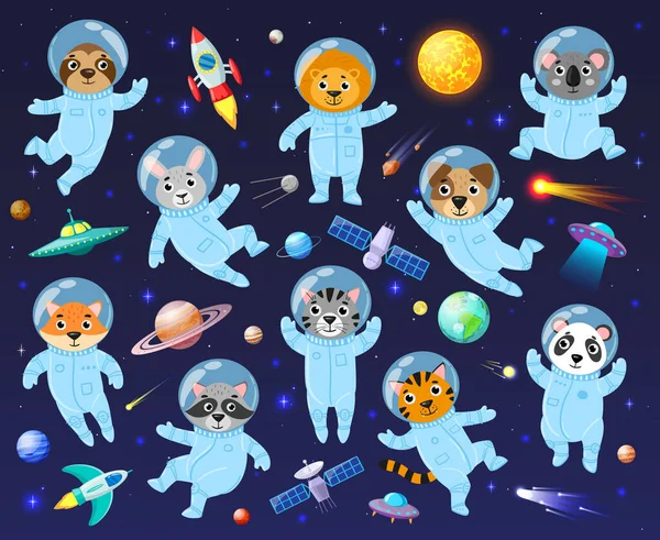Animali cosmonauti dello spazio dei cartoni animati, simpatici astronauti animali. Galassia animali spaziali koala, procione, leo e bradipo set illustrazione vettoriale. Animali astronauti che volano nello spazio aperto — Vettoriale Stock