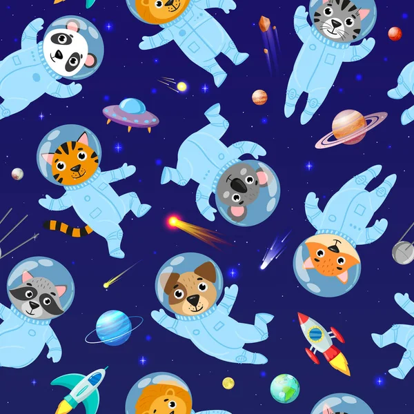 Cartoon ruimtedieren kosmonauten, astronauten naadloos patroon. Leuke ruimte sterrenstelsel astronauten in de ruimte past vector illustratie. Ruimtedieren naadloos patroon — Stockvector