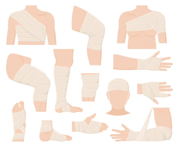 Karikatur körperlich verletzter Körperteile bei Verbandsanwendungen. Verbundene menschliche Körperteile, geschützte Wunden, Knochenbrüche und Schnittwunden Vektor Illustration Set. Medizinische Bandagen — Stockvektor