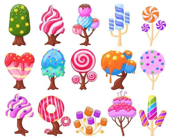 Cartoon fantasy sladké bonbóny země karamelové stromy. Fantazie příroda, hra design sladké sladké prvky krajiny vektorové ilustrační set. Karamel, zmrzlina a marshmallow stromy — Stockový vektor