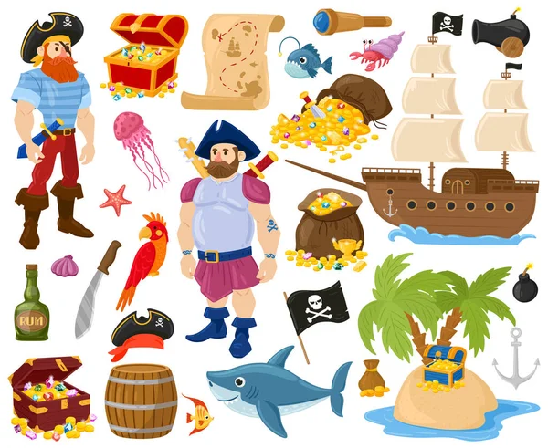 Cartoon piraten, zeevissen, schatkist, marineschip. Piraten zeeman personages, gouden schatschip en kaart vector illustratie set. Piraten oceaan avonturen elementen — Stockvector