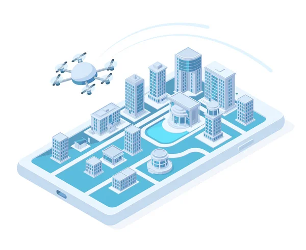 Isometrische Drohnen-Antenne, digitales Quadcopter-Innovationskonzept. Fliegende Logistik-Quadrokopter, Lieferdrohnen Transport Vektor Illustration. Modernes Stadtkonzept — Stockvektor