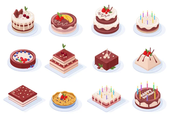 Fête d'anniversaire isométrique délicieux gâteaux glacés au chocolat. Chocolat, fraise ou vanille crème fête événement savoureux gâteaux vectoriel illustration ensemble. Pâtisserie sucrée tartes 3d — Image vectorielle