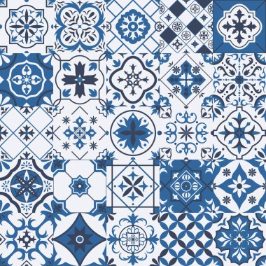 Geleneksel Meksika ve Portekiz porselen seramik desenleri. Azulejo, Talavera Akdeniz yama işi fayans vektör çizimi seti. Seramik etnik halk süsü