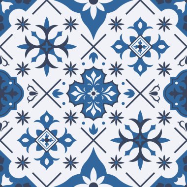 Geleneksel azulejo, talavera Akdeniz seramik seramik dikişsiz desen. Porselen seramik etnik süs taşı vektör arkaplan illüstrasyonu. Yama kalıbı