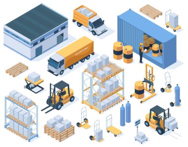 Isometric depolama binaları, kargo kamyonları ve depo işçileri. Endüstriyel depo ekipmanları, lojistik dağıtım vektör çizimi seti. Depo depolama ögeleri