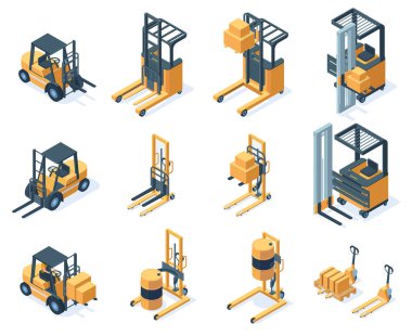 Hidrolik yük forklift kamyonları. Depolama ekipmanları, makine taşımacılığı forklift kamyon vektör illüstrasyonu seti. Depo çatal kamyonları kaldırıyor.