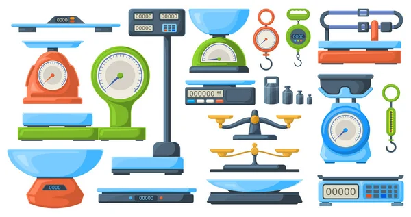 Almacene balanzas electrónicas y mecánicas para medir el peso. Juego de ilustración de vectores de instrumentos de libra de medición de mercado o cocina. Balanzas de pesaje símbolos — Vector de stock