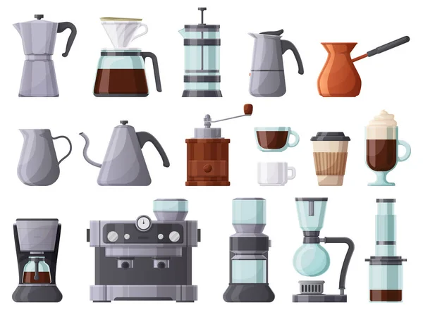 Μηχανές καφέ, γαλλικός τύπος, cezve, κατσαρόλα, καφετιέρα και μηχανή espresso. Εργαλεία παρασκευής καφέ, φλιτζάνια και δοχεία καφέ διανυσματικά εικονογράφηση σετ. Στοιχεία ζεστού καφέ — Διανυσματικό Αρχείο