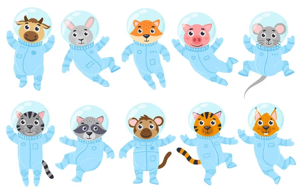 Dibujos animados animales lindos, cerdo, ratón y gato astronautas en trajes espaciales. Espacio cosmonautas mapache, vaca, mono vector ilustración conjunto. Galaxia animales astronautas — Vector de stock