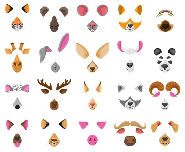 Cartoon selfie of video chat dier gezichten maskers. Wasbeer, hond, zebra en geit grappige oren en neuzen vector illustratie set. Video chat dieren gezichten — Stockvector