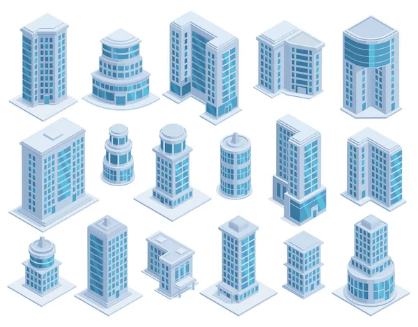 Isométricos rascacielos urbanos, edificios y torres de arquitectura moderna. Rascacielos fachadas de arquitectura, edificios urbanos vector conjunto de ilustración. Rascacielos futuristas — Archivo Imágenes Vectoriales