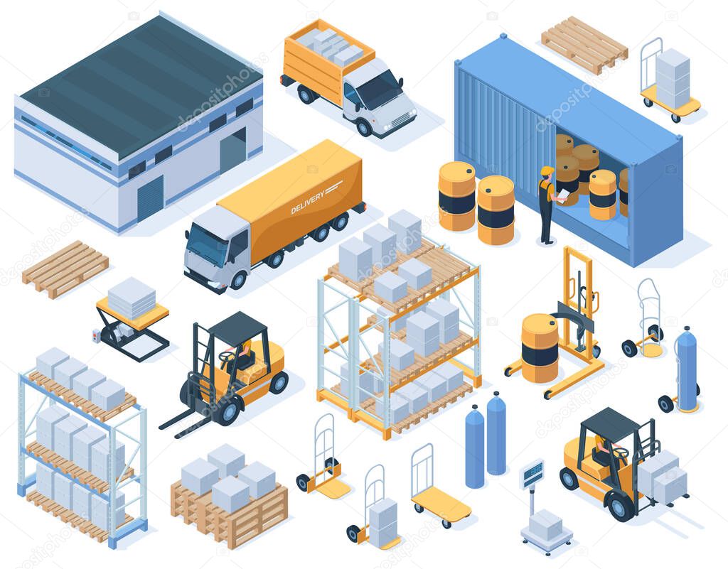 Isometric storage buildings, cargo trucks and warehouse workers. Industrial warehouse equipment, logistic delivery service vector illustration set. Warehouse storage elements