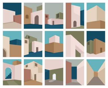Modern bina, soyut geometrik mimari öğeler posterleri. Minimalist şehir binası soyutlaması vektör illüstrasyon setini kapsar. Mimari soyut posterler