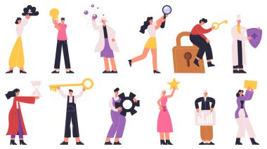 Dev işgal aktivite simgelerini elinde tutan küçük karakterler. Belirtileri olan karakterler nesneler, dişliler, ampul, yıldız vektörü düz çizim seti. İnsanlar büyük işgal işaretleri tutarlar.