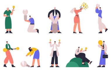 İş adamlarının iyi fikirleri var ve başarısız karakterler hakkında hiçbir fikirleri yok. Ampuller yaratıcı fikirler metafor vektör düz çizim seti. İş fikri oluşturma