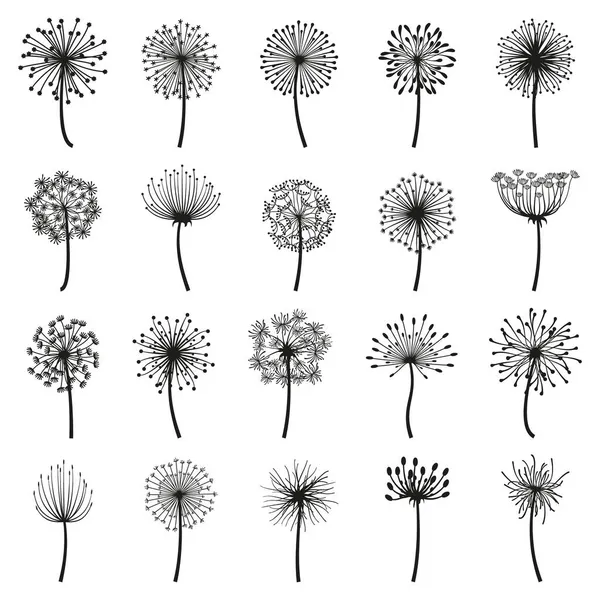 Dandelion fofo, flores de bola de sopro silhuetas decorativas florais. Dandelion sementes fofas plantas de flores vetor conjunto ilustração plana. Sílhuetas de dentes-de-leão em flor —  Vetores de Stock