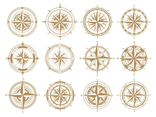 Retro old nautical navigation rose wind compass. Vintage rose wind marine navigation measure compasses vector illustration symbols set. Antique navigation skipper compasses — Stock Vector