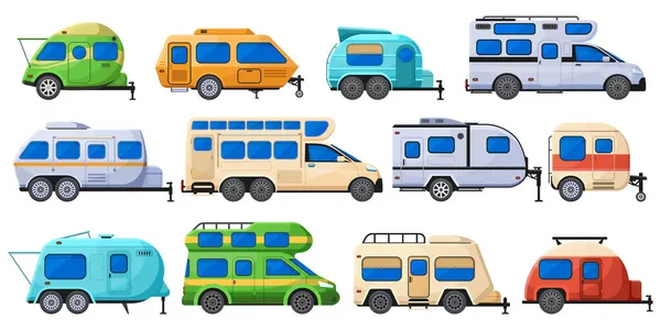 Camping aanhangwagens, toeristische weg naar huis, rv auto 's en campers. Vrachtwagens, outdoor vakantie caravan auto 's vector platte illustratie set. Toerisme campers — Stockvector
