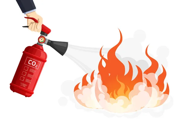Гасит огонь, предохраняет от пожара красный огнетушитель. Защита от пламени, концепция борьбы с пламенем векторная иллюстрация. Погасить пожар — стоковый вектор