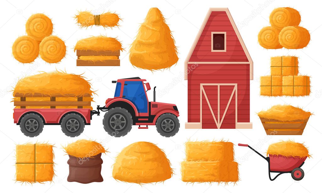 Farm hay making, hayloft, straw barn and agricultural tractor. Dried hay in wooden box and wheelbarrow, tractor, farm haymow barn vector illustration set. Rural haycock