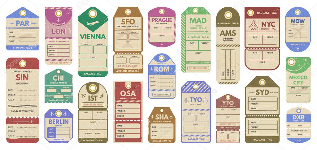 Retro travel luggage tags, airport flight stamps. Vintage luggage travel tags, rome, shanghai and madrid tour trip luggage tickets vector illustration set. Old baggage tags