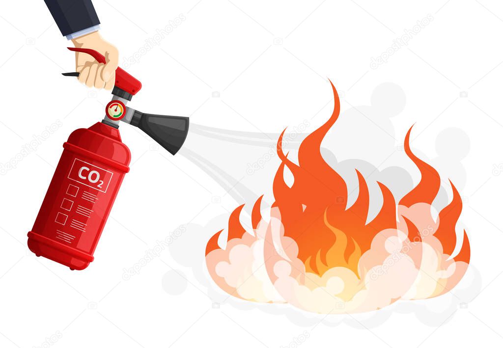 Extinguishes fire, red fire extinguisher flame protection. Flame protection, flame fighting concept vector illustration. Extinguish fire process