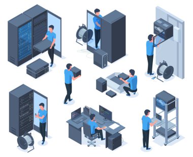 Isometric Enginers karakterleri veri merkezi ağ ekipmanlarına hizmet veriyor. Bilgisayar ağı teknolojisi işçileri vektör çizimi seti. Sunucu teçhizatı korunuyor