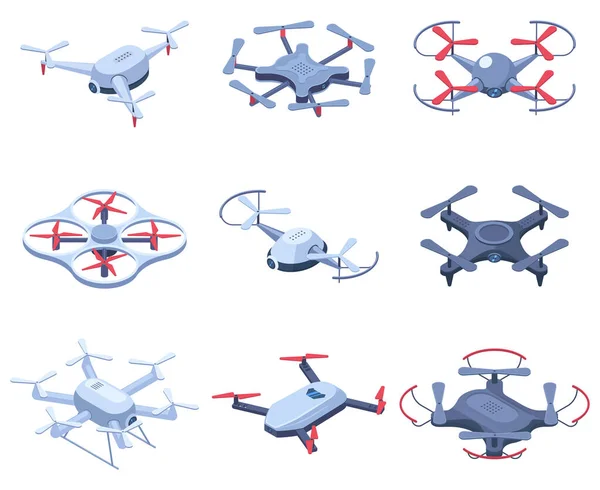 Isometryczny quadcopter, zdalnie sterowane drony latające. Bezzałogowy dron powietrzny, elektroniczna innowacja latający helikopter wektor ilustracji zestaw. Pilot zdalnego sterowania dronem — Wektor stockowy