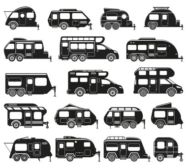 Kamp arabaları, karavan vagonları ve karavan siluetleri. Kamp karavanı, seyyar araba vagonu vektör düz çizim seti. Eğlence amaçlı kamp kervanı siluetleri