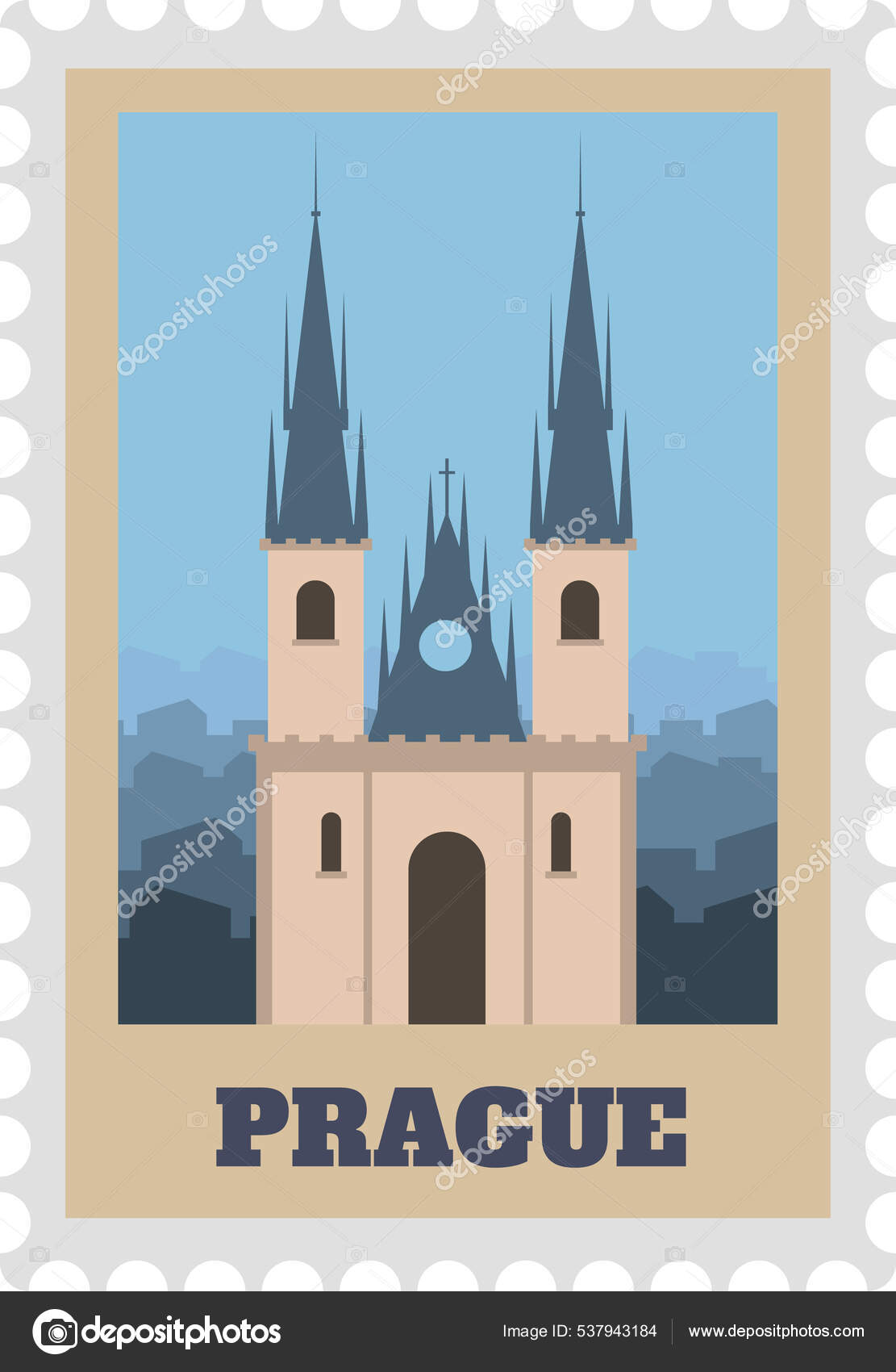 Travel postage stamps. Vintage stamp with national landmarks