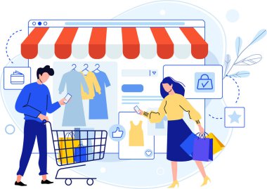 Erkek ve kadın akıllı telefon kullanarak online alışveriş yapıyorlar.