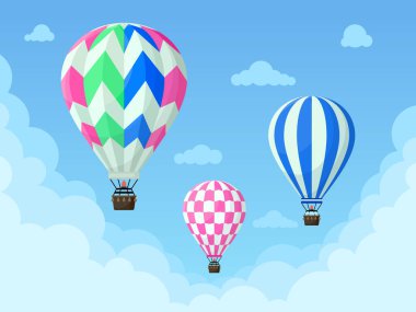 Uçan sıcak hava balonları, mavi gökyüzünde süzülen renkli aerostatlar. Klasik sıcak hava balonu, soyulmuş gökyüzü taşıyıcı arka plan çizimi. Retro uçan sıcak havadar küre