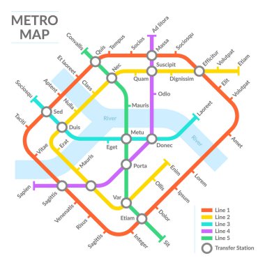 Metro istasyonları haritası, yeraltı toplu taşıma şeması, metro ağı. Yeraltı şehir metro haritası vektör çizimi. Metro toplu taşıma şeması