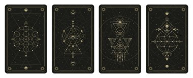Mistik kutsal geometrik doğrusal şekiller tarot kartları. Sihirli el sanatları vektör illüstrasyonu seti için soyut mistik işaretler. Kutsal geometri kutsal posterleri