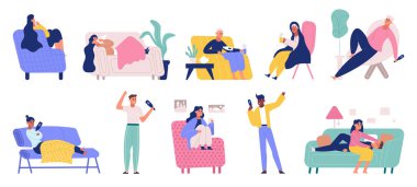 Hasta ve iyileşmiş insanlar, grip ya da evdeki soğuk algınlığı belirtileri. Grip, virüs belirtileri, ateş hastalığı taşıyıcı illüstrasyonu olan karakterler. Yetişkinler grip oluyor.