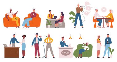 Televizyonda ünlü biriyle röportaj, TV sunucusu ünlülerle konuşma. İnternet ya da televizyon yayını ünlülerle röportaj vektör çizim setini gösteriyor. Röportaj yapan ünlü kişiler