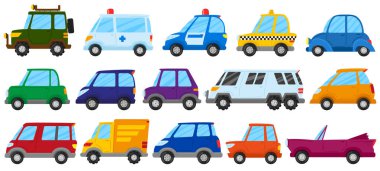 Çizgi filmlerdeki çocuklar oyuncak arabalar, şirin oyun taşımacılığı. Oyuncak araba, kamyon, ambulans ve polis arabası çizim seti. Çocuksu renkli araçlar.