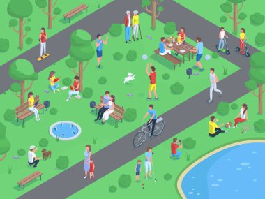 Isome Şehir Parkı manzarası, açık hava aktiviteleri yapan insanlarla dolu. Halka açık park aktif eğlence vektör illüstrasyonu. İnsanlar yürüyor, koşuyor ve piknik yapıyorlar.